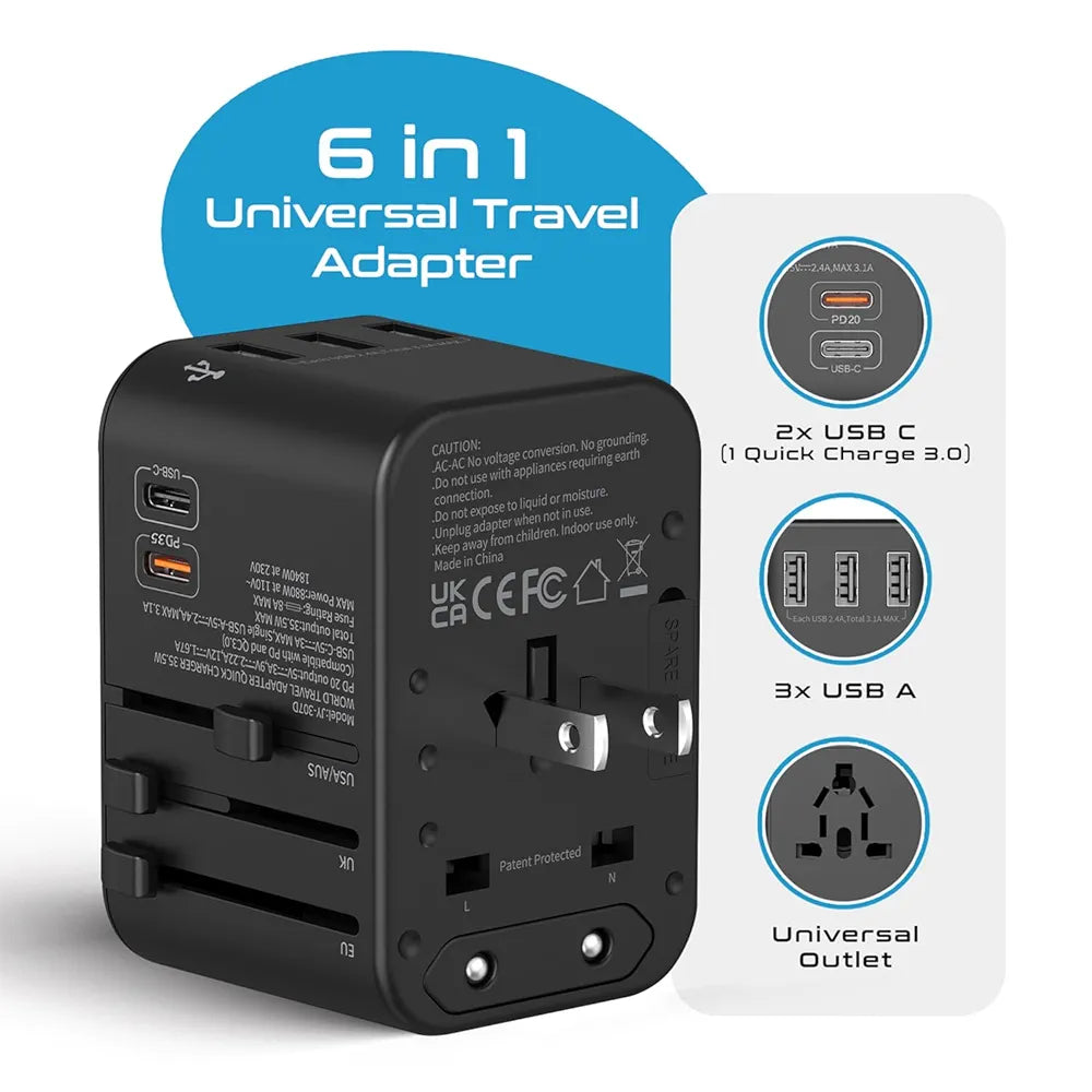 Ceptics Universal Charger Adapter, 35W 6 in 1 International Travel Adapter, Universal Plug Socket with 10 Years Warranty, PD/QC 3.0, 1x USB-C, 3 USB Fast Charging, Worldwide Travel Adapters.