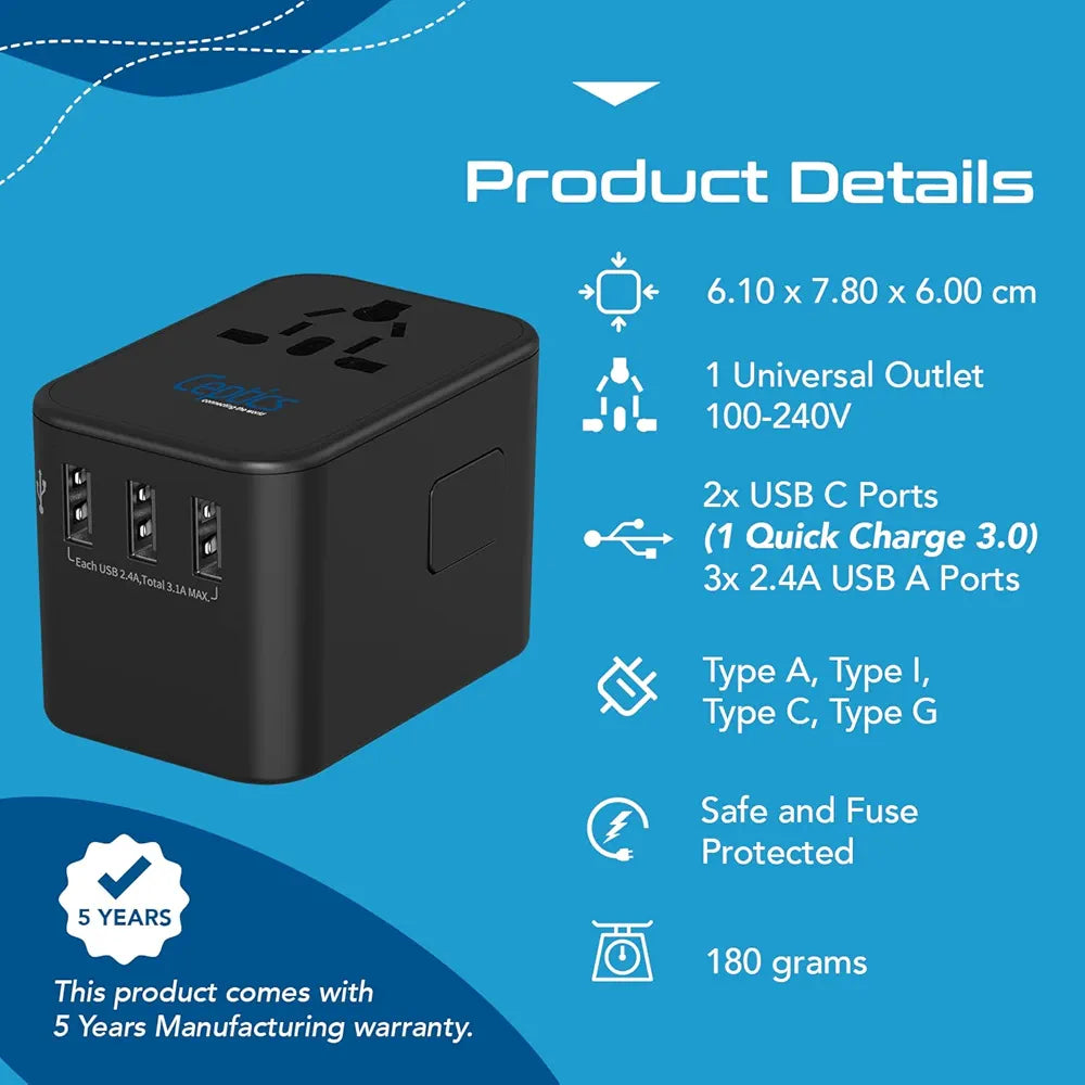 Ceptics Universal Charger Adapter, 35W 6 in 1 International Travel Adapter, Universal Plug Socket with 10 Years Warranty, PD/QC 3.0, 1x USB-C, 3 USB Fast Charging, Worldwide Travel Adapters.