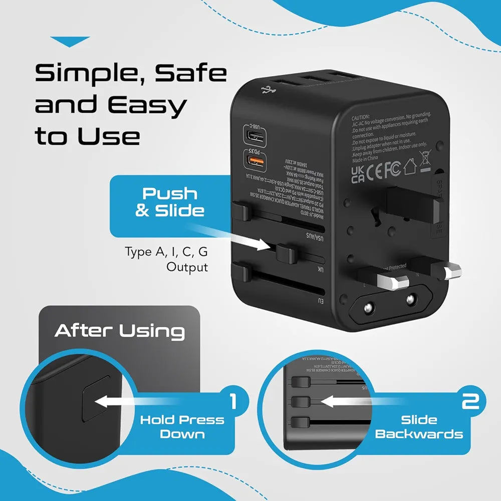 Ceptics Universal Charger Adapter, 35W 6 in 1 International Travel Adapter, Universal Plug Socket with 10 Years Warranty, PD/QC 3.0, 1x USB-C, 3 USB Fast Charging, Worldwide Travel Adapters.