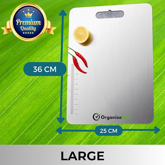 Large Stainless Steel Cutting Board for Kitchen - Premium Vegetable and Fruit Cutter, Heavy-Duty Metal Chopping Board, Big Size Pad (36 cm X 25 cm)