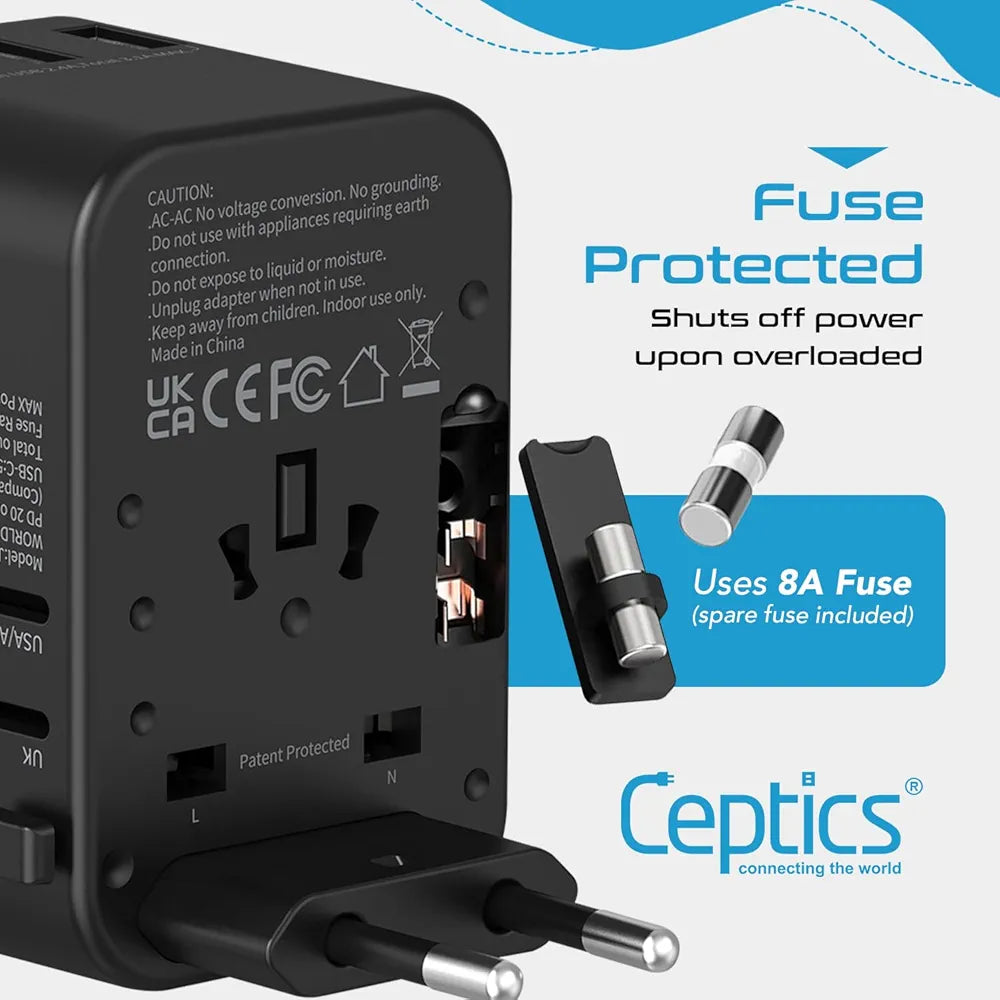 Ceptics Universal Charger Adapter, 35W 6 in 1 International Travel Adapter, Universal Plug Socket with 10 Years Warranty, PD/QC 3.0, 1x USB-C, 3 USB Fast Charging, Worldwide Travel Adapters.