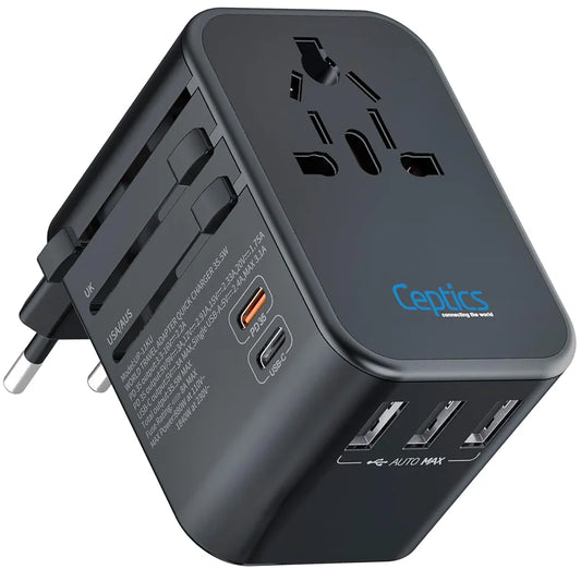 Ceptics Universal Charger Adapter, 35W 6 in 1 International Travel Adapter, Universal Plug Socket with 10 Years Warranty, PD/QC 3.0, 1x USB-C, 3 USB Fast Charging, Worldwide Travel Adapters.