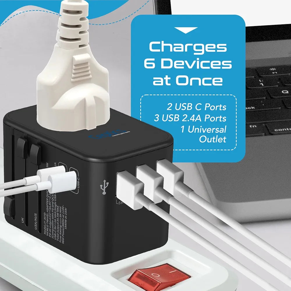 Ceptics Universal Charger Adapter, 35W 6 in 1 International Travel Adapter, Universal Plug Socket with 10 Years Warranty, PD/QC 3.0, 1x USB-C, 3 USB Fast Charging, Worldwide Travel Adapters.