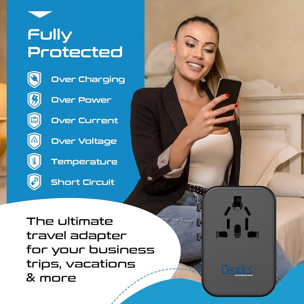 Ceptics Universal Charger Adapter, 35W 6 in 1 International Travel Adapter, Universal Plug Socket with 10 Years Warranty, PD/QC 3.0, 1x USB-C, 3 USB Fast Charging, Worldwide Travel Adapters.