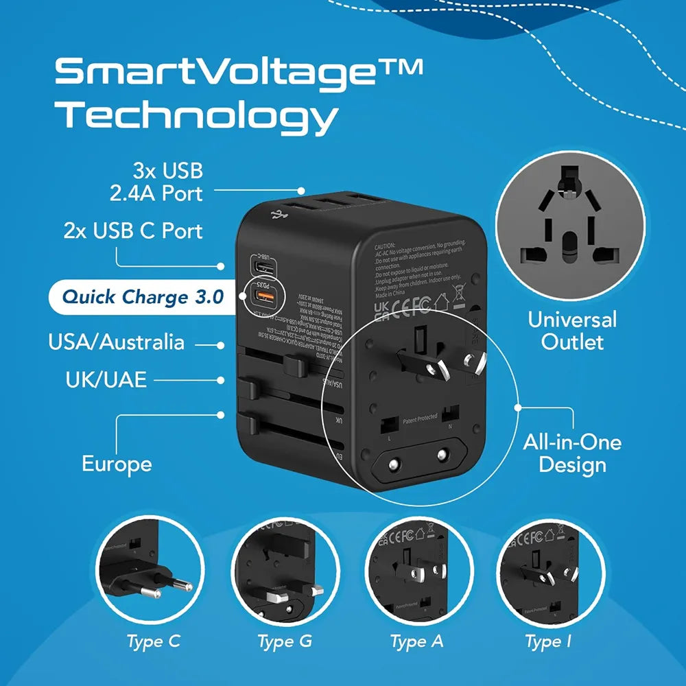 Ceptics Universal Charger Adapter, 35W 6 in 1 International Travel Adapter, Universal Plug Socket with 10 Years Warranty, PD/QC 3.0, 1x USB-C, 3 USB Fast Charging, Worldwide Travel Adapters.
